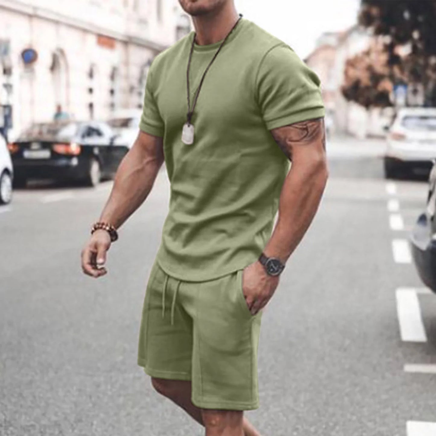 Men'S Short Sleeve T-Shirt and Shorts Set Sport Casual Crew Neck Muscle Sportswear 2 Piece Tracksuit Summer Outfits