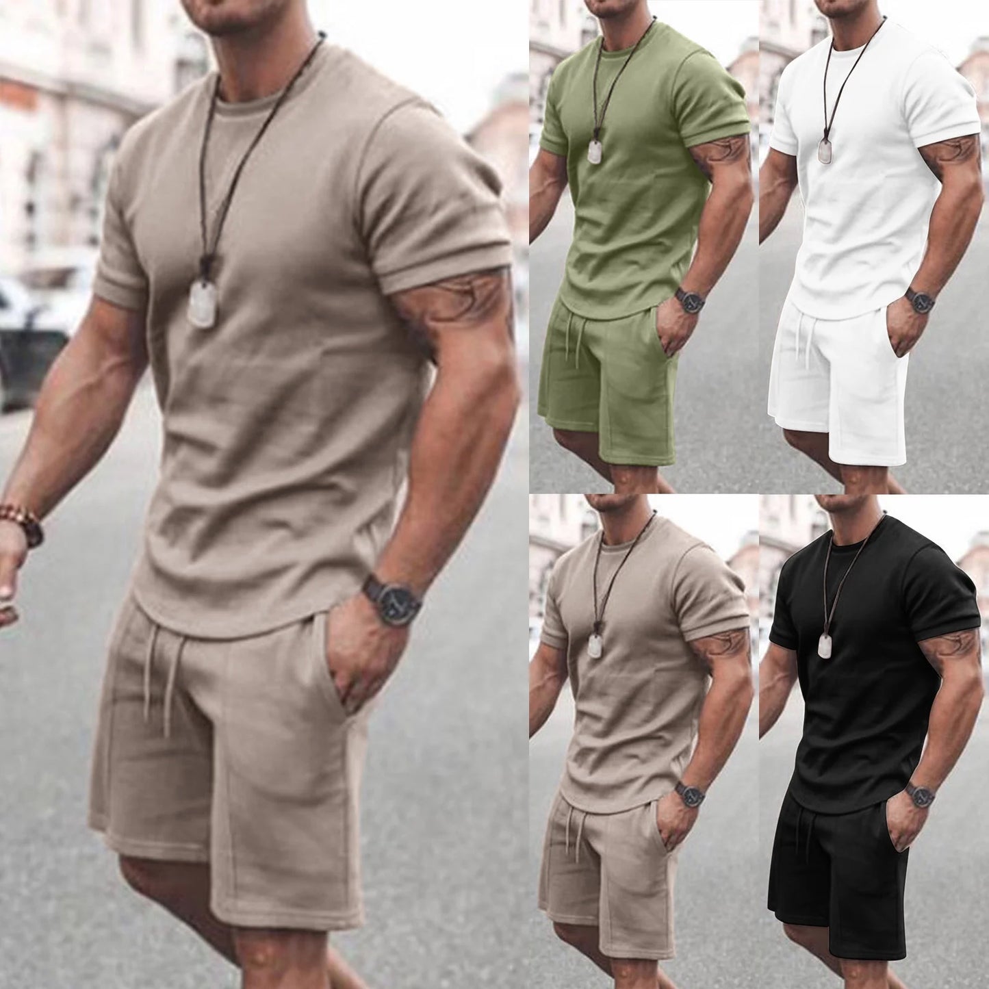 Men'S Short Sleeve T-Shirt and Shorts Set Sport Casual Crew Neck Muscle Sportswear 2 Piece Tracksuit Summer Outfits